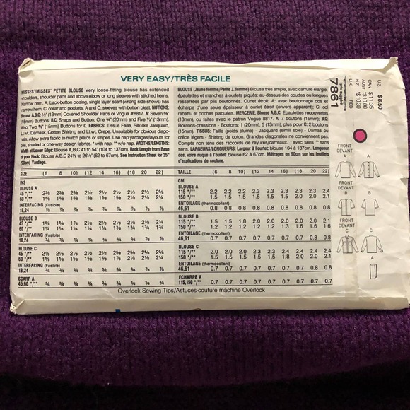 Vogue Pattern 7861 blouse Hidden buttons tie neck size 6 - Picture 3 of 8